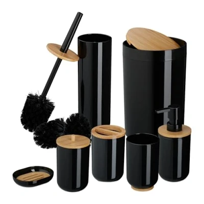 Image of Bathroom Accessories Set, 7 Piece, Plastic &amp; Bamboo, Toilet Brush Bin, Soap Dispenser, Holder, Black Relaxdays