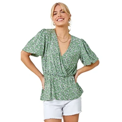 Image of Dusk Womens Ditsy Floral Print Peplum Top Green Size 10 UK