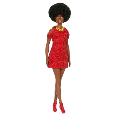 Image of Barbie Fashionistas Doll #221 with Natural Black Hair, Red Dress &amp; Accessories, 65th Anniversary Collectible Fashion Doll, HRH18