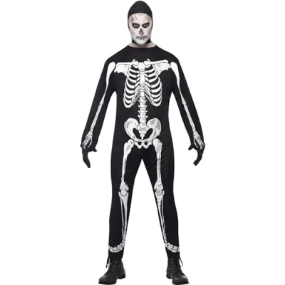 Image of Smiffys Skeleton Costume, Black with Jumpsuit, Hood &amp; Gloves, Halloween Adult Fancy Dress, Dress Up Costumes