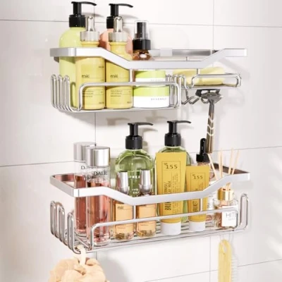 Image of HapiRm Shower Caddy with 11 Hooks,Bathroom Storage Razor Holder,Soap Dish,Towel Hook Bathroom organiser for and Kitchen Accessories Stainless Steel,3 Sticker,2 pcs
