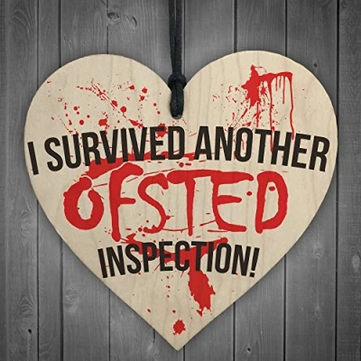 Image of RED OCEAN I Survived Ofsted Inspection Novelty Wooden Hanging Heart Plaque Teacher Gift