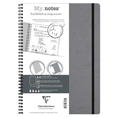 Image of Clairefontaine 783435C Collection Age Bag One Spiral Notebook with Detachable Margins My.Notes Gray A5+ 16x21 cm 120 DOT Pages 90 g White Paper Glossy Leather Grain Card Cover