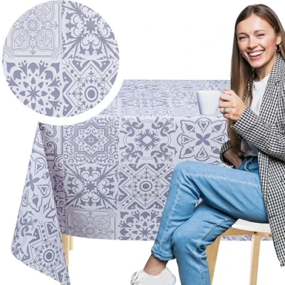Image of KP HOME Wipe Clean Tablecloth Rectangular 78.7&quot;x 55.1&quot; (200x140cm) Plastic Table Cloth Clean, Rectangle Outdoor PVC Oil Cover Waterproof Timeless Tile Charm Pattern