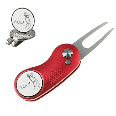 Image of KOFULL Golf Divot Tool Switchblade Green Repair Fork Portable and Folding Pitch 1 piece (Red)
