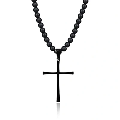 Image of COAI Mens Religious Jewelry Onyx Stone Beaded Cross Pendant Necklace