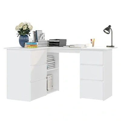 Image of Keketa L Shaped Corner Desk, Writing Desks with Bookshelf and Drawer, Computer Desk Table, Workstation Study Working for Home Office White 145x100x76 cm Engineered Wood