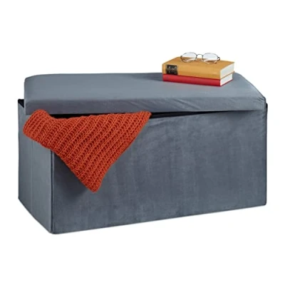 Image of Relaxdays Storage Bench, Velvet Cover, 80 L Capacity, H x W D: approx. 38 77 39 cm, Dark Grey, Fibreboard