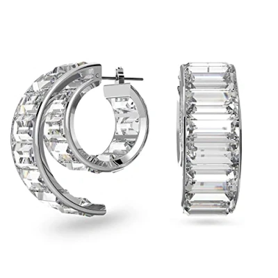 Image of Swarovski Double Hoop, Baguette Cut White Crystal in a Rhodium Plated setting, from the Matrix Collection