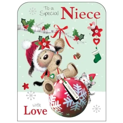 Image of Niece Christmas Card Special Dog, Cat and Bauble Festive Design Finishes Illustrated Insert Leaf Made in the UK
