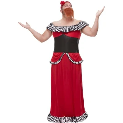 Image of Smiffys Bearded Lady Costume, Red with Dress, Corset, Headband &amp; Beard, Circus Fancy Jester Dress Up Costumes