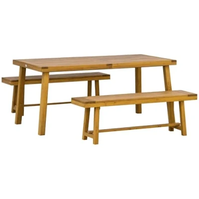 Image of Outsunny 3 Pieces Picnic Bench Set with Table and 2 Benches, Acacia Wood Dining Trestle Beer Seat, Natural Finish