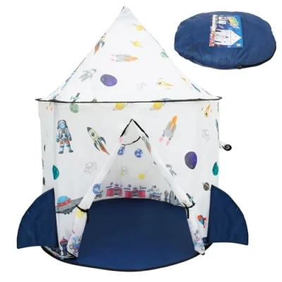Image of Kids Play Tent, Rocket Ship Toddler Pop Up Foldable Indoor Outdoor Spaceship Playhouse Polyester Portable Children Games Tent with Storage Bag for Toddlers Gift