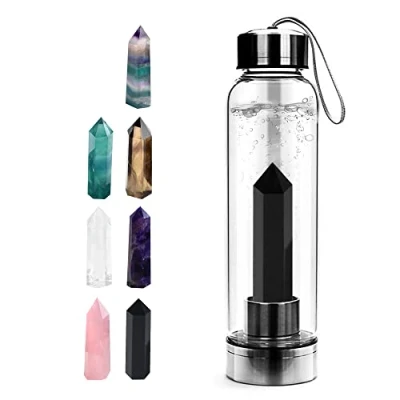 Image of Tyuodna Crystal Water Bottle, Removable Natural Quartz Glass Healing Portable Proof Leak Gemstone Bottle 550ml (Obsidian+Bottle)