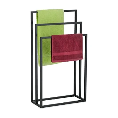 Image of Relaxdays Rack, 3 Rails, H x W D: 82.5 46 21 cm, Standing Towel Holder, Steel, Black