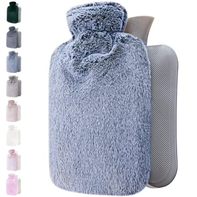 Image of Qomfor Hot Water Bottle with Fluffy Cover Soft Premium Faux Fur 1.8l Large Capacity Bag for Cosy Nights, Pain Relief, Back, Neck and Shoulders Great Gift Women (Blue)