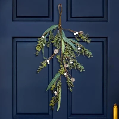 Image of Marco Paul Christmas Swag Alpine Sage &amp; Snowberry Hanging Decoration 62cm Festive Garland Home Mistletoe Berries Xmas Décor Decorative Wreath Indoor Use Ornament Faux Flowers
