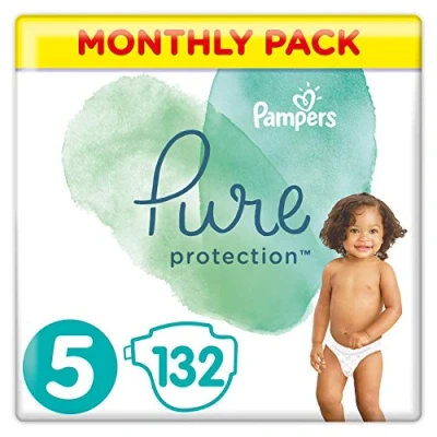 Image of Pampers Baby Nappies Size 5 (11 16 kg / 24 35 lbs), Pure Protection (Harmonie), 132 Count, MONTHLY SAVINGS PACK, Premium Cotton &amp; Soft Plant Based Fibres