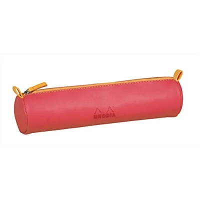 Image of RHODIA 319010C Rhodiarama Coral Round Pencil Case 21.5 x 5.5 cm Genuine Orange Stitching Ivory Jersey Interior Faux Leather Storage for Pens, Pencils, Markers, Small Supplies