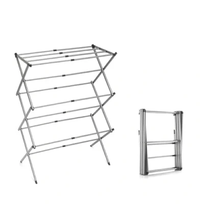 Image of Prima 3 Tier Extendable Telescopic Compact Foldable Airer, Clothes Laundry Rack with 5M Washing Line Drying Space, Metal, Grey, 5 Metres