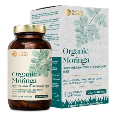 Image of Nature Basics® BIO Moringa Certified &amp; Sustainable in a jar 180 Capsules Highly dosed Vegan 1500mg Pure Oleifera per Daily dose Ayurveda Food Supplement