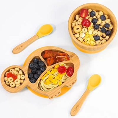 Image of Vinsani Bamboo Turtle Plate Bowl and Spoon Set for Baby Toddler Kids Children, Suction Plate, Stay Put Non Slip Base Design, Hypoallergenic, Food Grade Silicone BPA Free Feeding (Yellow)