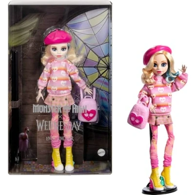 Image of Monster High Wednesday Doll and Accessories, Enid Sinclair Collectible in Pink Fashion with Beret Backpack, Stand, HXJ05