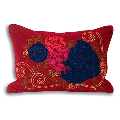 Image of Paoletti Emilia Embroidered Floral Feather Filled Cushion Red Viscose One Size