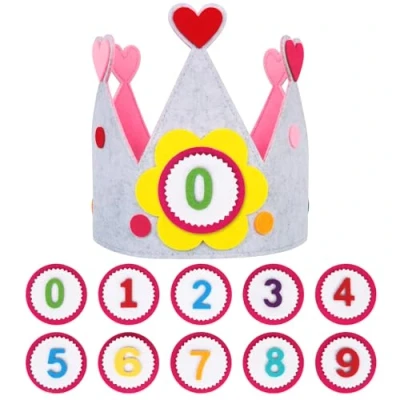 Image of Reusable Birthday Felt Hats Crown for Kids, Classic Hat with Adjustable Velcro Gray and Pink Happy Girls Boys Baby Children Aged 1 9