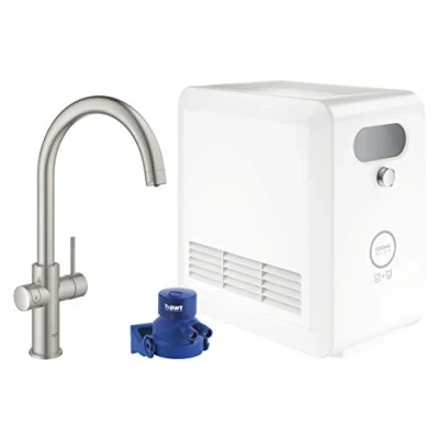 Image of Grohe Blue Professional Duo Kit Single Lever Kitchen Mixer for Filtered, Chilled and Sparkling Water, with Bluetooth WiFi Swivel C Spout, Stainless Steel Look Includes Cooler Unit 31323DC2