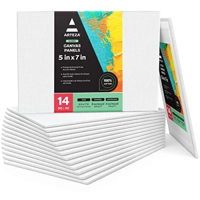 Image of ARTEZA Canvas Board, Pack of 14, 12.7 x 17.8 cm, 8 oz Gesso Primed 100% Cotton Panels, White Canvases for Acrylic Painting and Pouring
