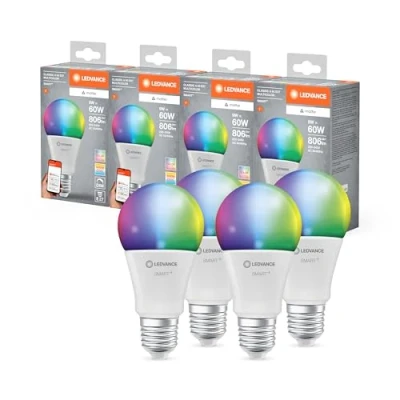 Image of LEDVANCE Smart+ Matter LED lamp, Compatible with Google, Alexa, Apple, White Frosted Look, 9W, 806lm, E27 Base, Color Light and Light, app or Voice Control, Life of up to 20,000 Hours, 4 Pack