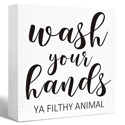 Image of Funny Bathroom Wood Sign Wash Your Hands Ya Filthy Animal Block for Shelf Toilet Restroom Home Tabletop Desk Decor,Farmhouse Wooden Box 5x5 Inch