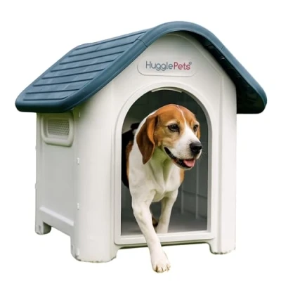 Image of HugglePets Grey Plastic Dog Kennel 87cm Easy Clean Weatherproof Pet House In &amp; Outdoor Animal Shelter