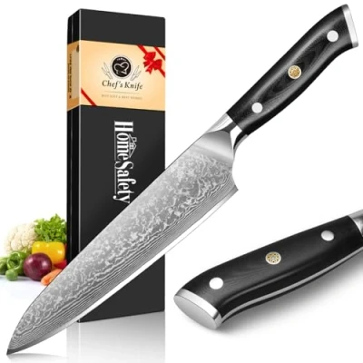 Image of Damascus Knife Kitchen Knife, Chef&#039;s 20.4 cm Blade Made from 67 Layers of Steel with G10 Handle Sharp &amp; Balanced