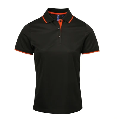 Image of Premier Womens/Ladies Contrast Coolchecker Polo Shirt (Black/Orange) Size Small