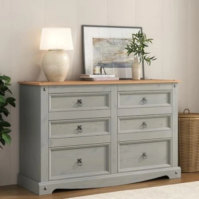 Image of Mews Corona Grey 6 Chest Drawers, Pine, (W) 132cm (D) 43cm (H) 83cm