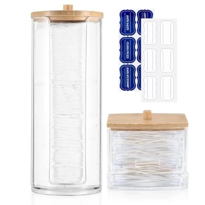 Image of Gaomoeny 2 Pcs Cotton Pad Holder, Wool Bud/Swab/Ball Bathroom Qtip Dispenser Jars Canisters Holders for Vanity Ball Makeup Storage Organiser Dispenzer, wuth Bamboo Lid