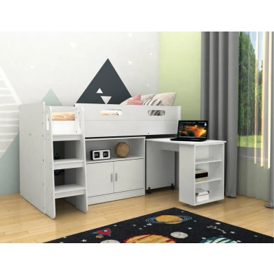 Image of Kudl Storage Mid Sleeper 01 Children&#039;s Bed with Desk and Cupboard MFC/Wood L98.6 x W195 H120 cm White