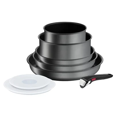 Image of Tefal Ingenio Daily Chef ON 8 piece Non Stick Induction Pan Set, 22&amp;24&amp;28cm Frypans, 16&amp;20cm Saucepans, Hermetic Lids, Bakelite Removable Handle, Grey, L7619202