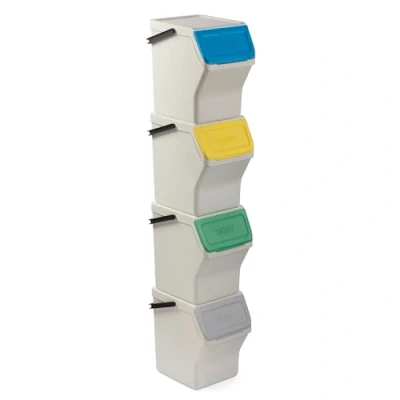 Image of TATAY Set of 4 modular and stackable garbage cans. 20L capacity each. Polypropylene. Colored lids with hinged opening. Wide front Carrying handle. White. 36 x 35 27 cm.