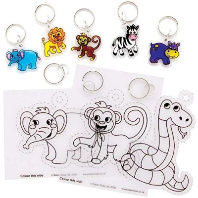 Image of Baker Ross FE221 Jungle Animal Super Shrink Keyrings Pack of 8, for Crafts to Colour in, Make and Display, Your Own Kids