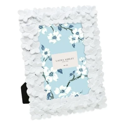 Image of Laura Ashley 4x6 White Flower Textured Hand Crafted Resin Picture Frame w/Easel &amp; Hook for Tabletop Wall Display, Decorative Floral Design Home Décor, Photo Gallery, Art (4x6, White)