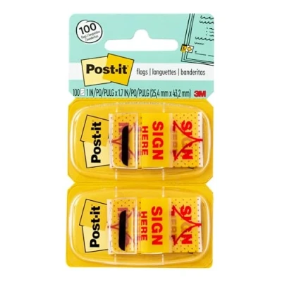 Image of Post it Message Flags, Sign Here&quot;, Yellow, 1 in. Wide, 50/Dispenser, 2 Dispensers/Pack, (680 SH2)