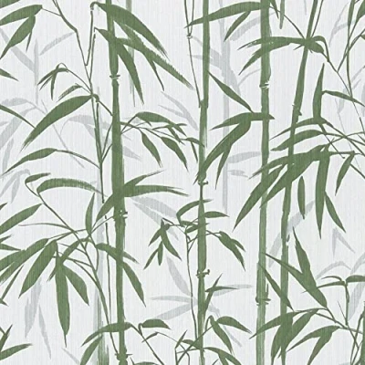 Image of Full Roll Green White Bamboo Wallpaper Jungle Tropical Textured Vinyl