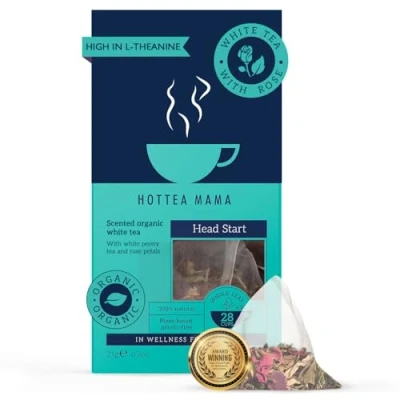 Image of HOTTEA MAMA Head Start Beat The Caffeine Crash Organic White Tea And Rose 14 Whole Leaf Biodegradable Bags (28 Cups Of Tea)