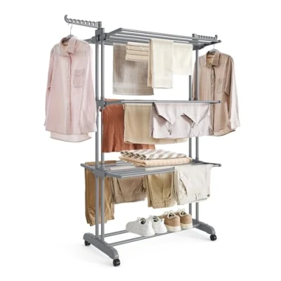 Image of SONGMICS Large Clothes Airer, Foldable Drying Rack Laundry 4 Tier, Moveable Horse, 64 x 126 172 cm, Stainess Steel, Folding Wings, Easy Assembly, Indoor Outdoor Use, Grey LLR701G01