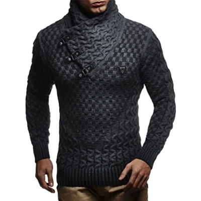 Image of Leif Nelson Men&#039;s Pullover Knit Sweater Chunky Shawl Collar LN 5255 Anthracite Black Large