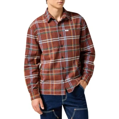 Image of Wrangler Men&#039;s Frayed Plaid Shirt, Picante, L