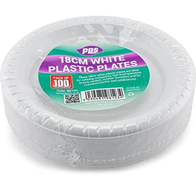 Image of 100 WHITE PLASTIC plates 7 inch/18cm quality durable ideal for hot and cold food